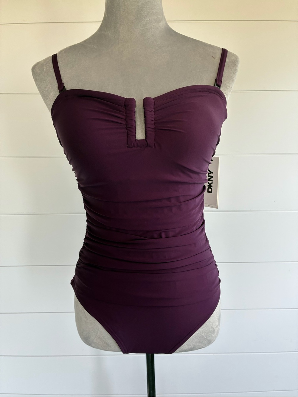 DKNY Deep Plum Ruched One-Piece Swimsuit Sz Medium NWT/0226 - Picture 1 of 12